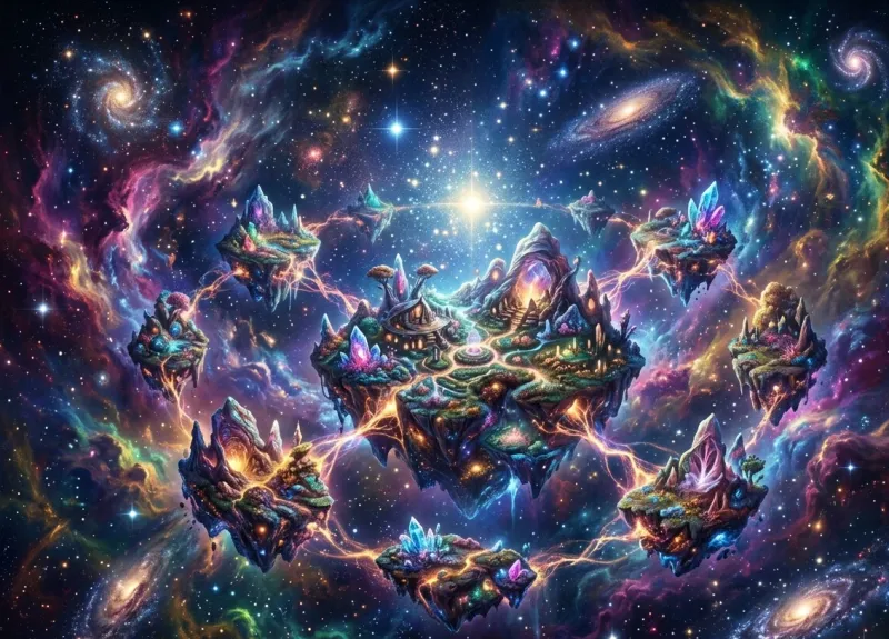 Tableau Archipel de l'Univers : îles de cristal flottant dans une nébuleuse violette et bleue
