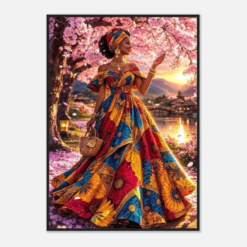 Affiche Reine des Cerisiers : femme africaine en robe wax colorée sous les cerisiers en fleurs