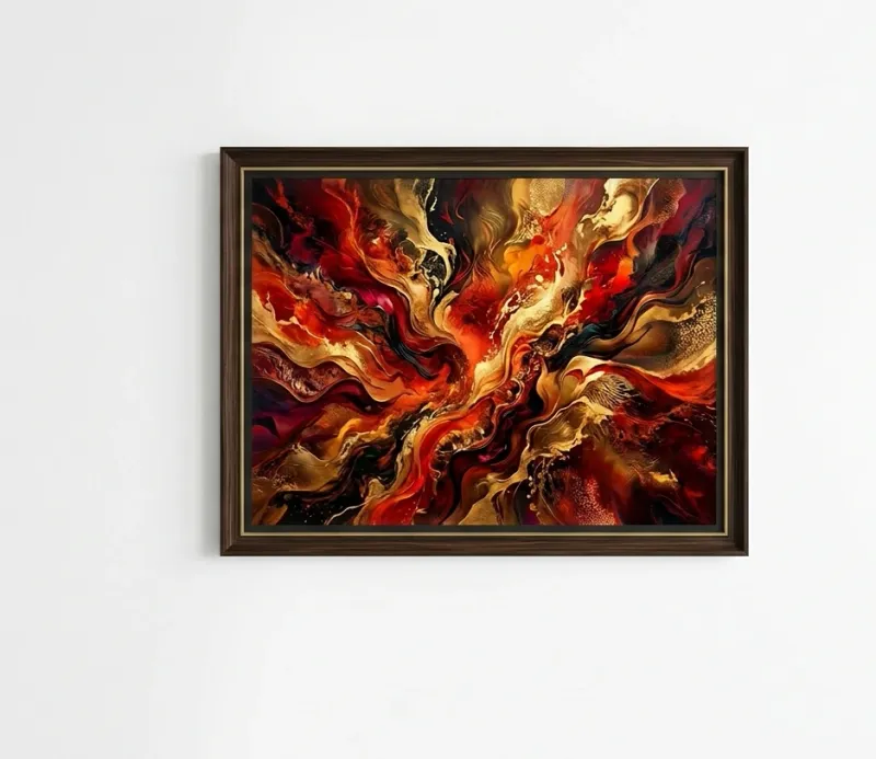 Tableau Vermillon Sacré : abstrait de flammes rouges, orange et or dans un cadre bois