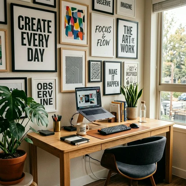 Bureau créatif avec art mural inspirant