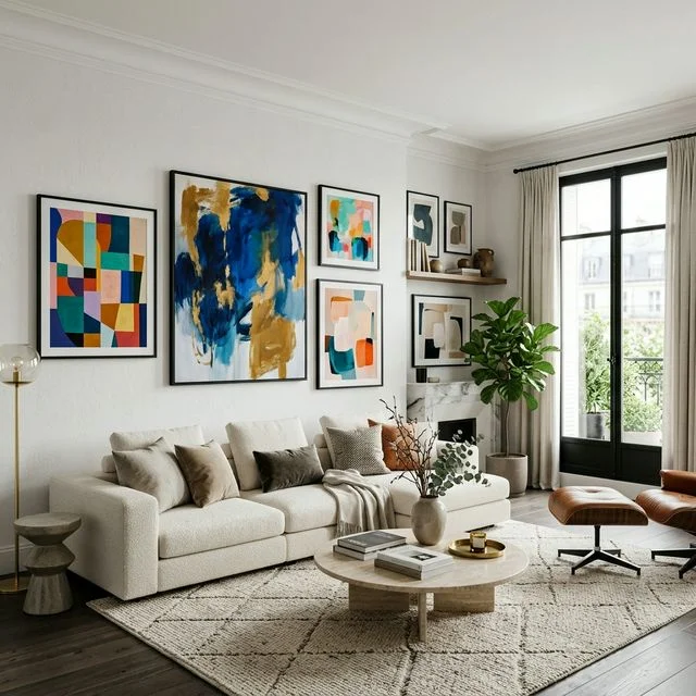 Salon lifestyle moderne avec cadres art CBIZA